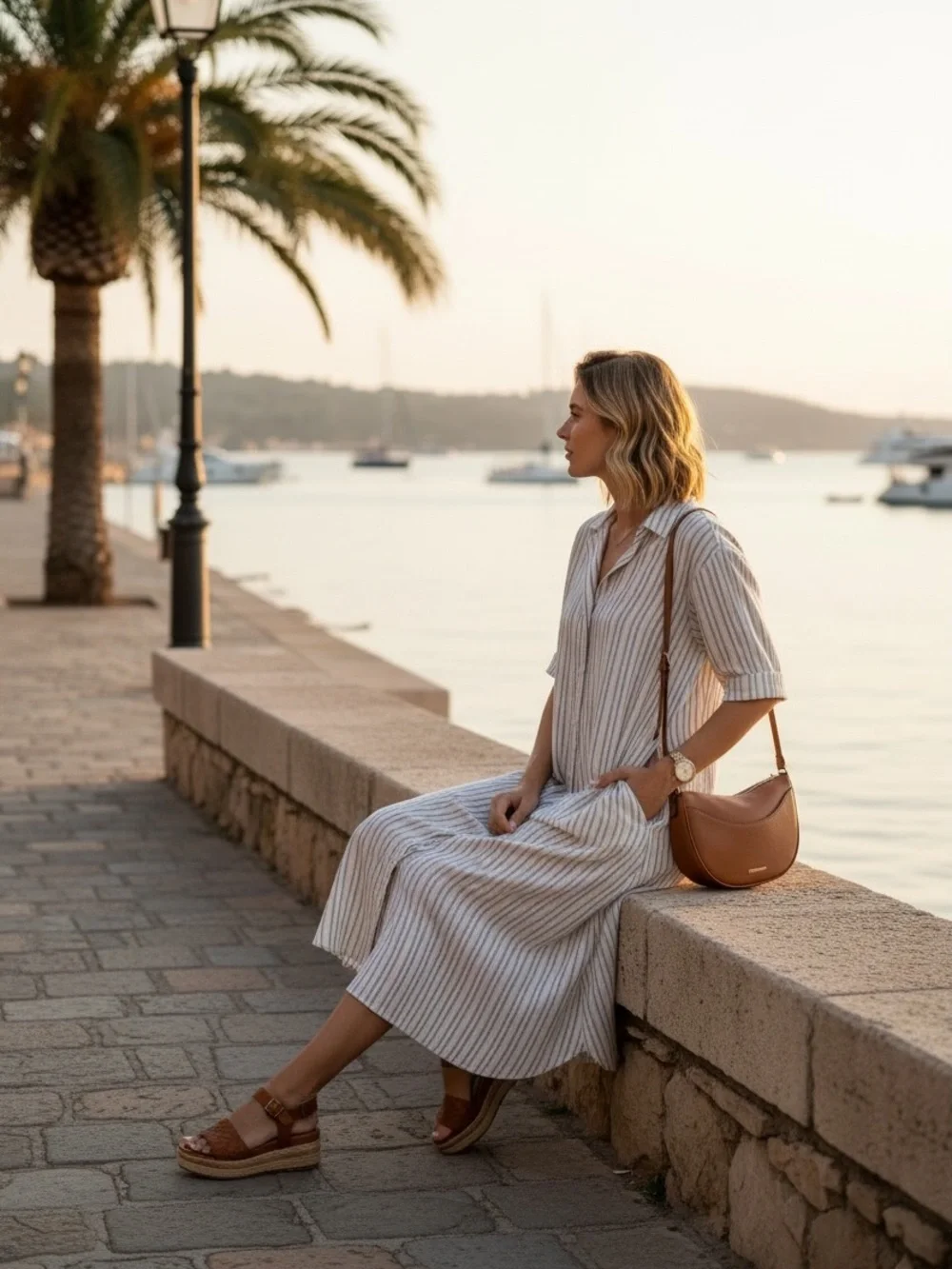 Universal Thread Striped Shirt Midi Dress in Cream and Tan - Picture 2 of 9